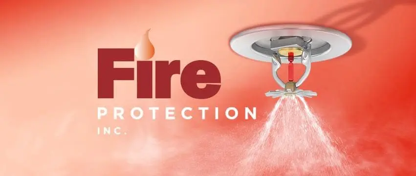 Fire protection inc. A sprinkler head that has water, next to the words Fire Protection Inc. Contact us for help with all your fire protection needs today!