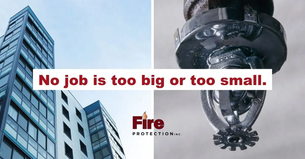 Banner showing city buildings and a fire sprinkler head with the text No job is too big or too small